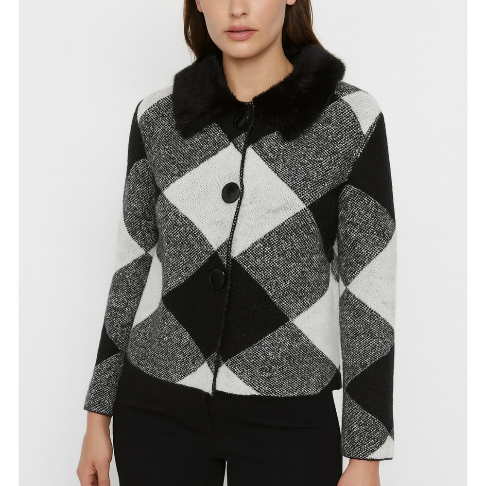 Cynthia Rowley Cardigan Sweater Size XS Button On Faux Fur Collar Penny Lane Lux